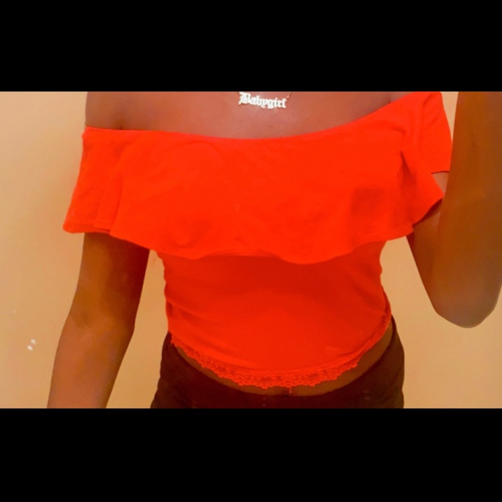off the shoulder red top